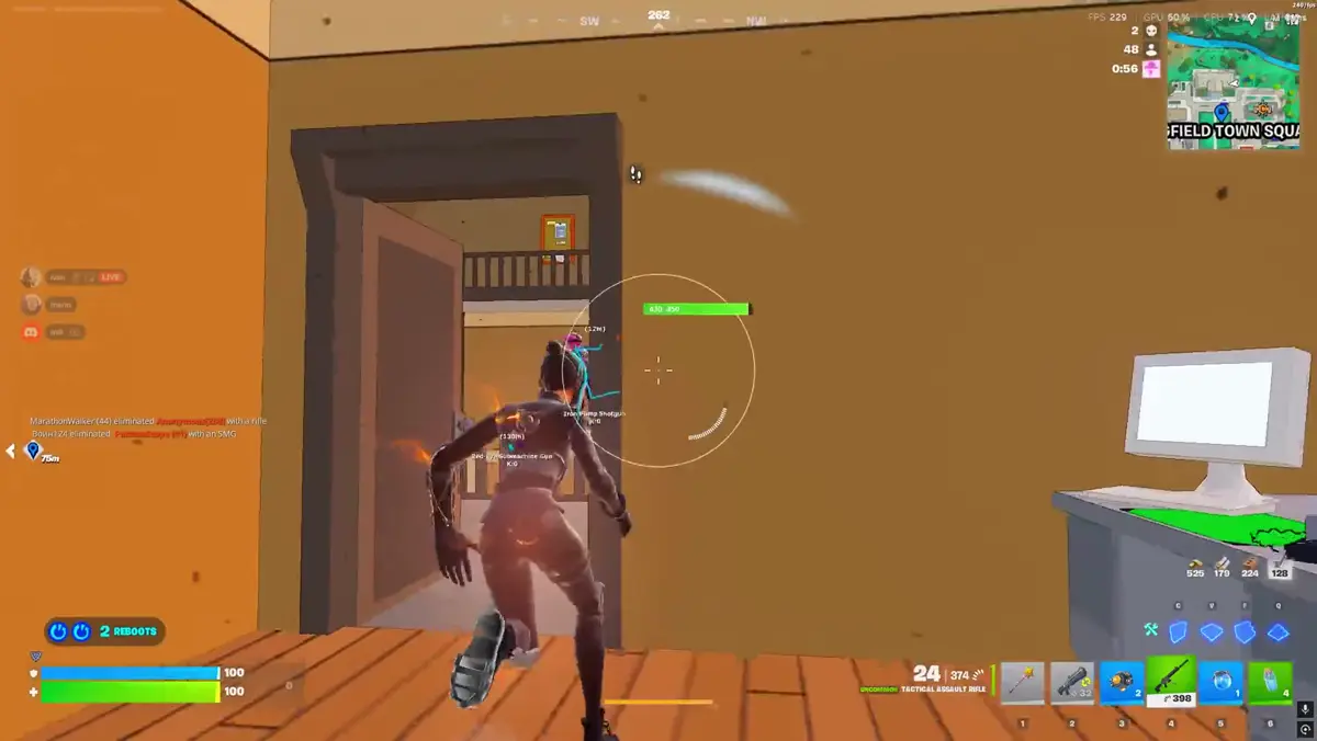 Fortnite ESP gameplay screenshot showing a live fight with FN cheats overlays
