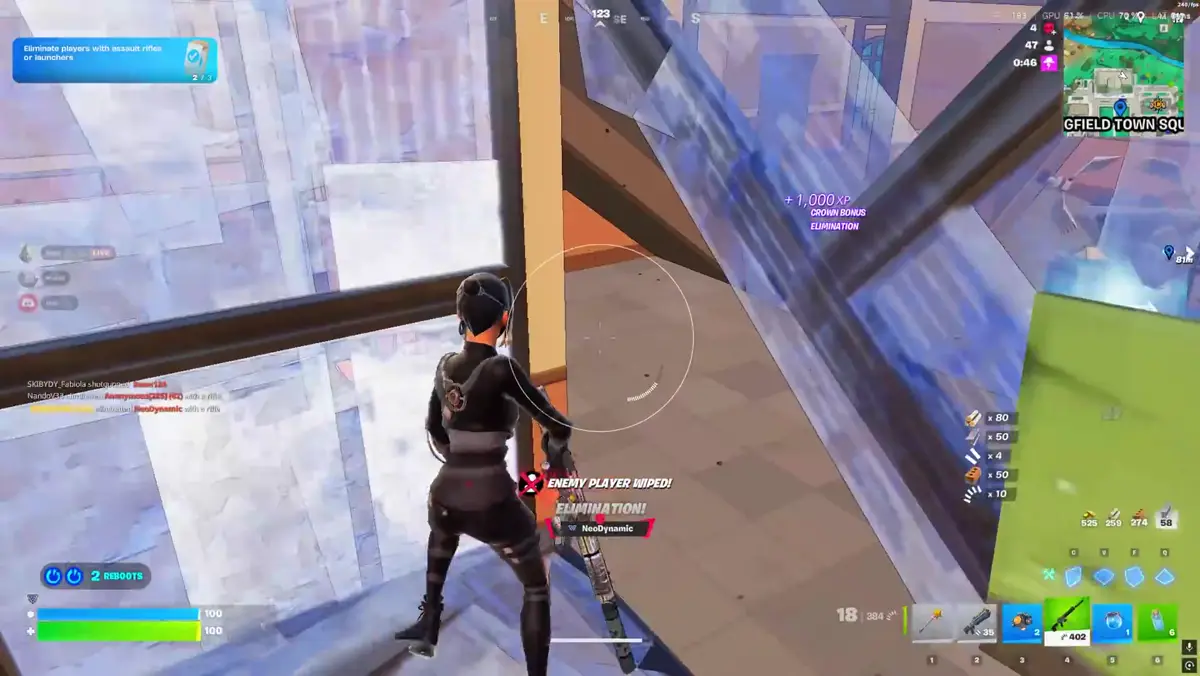 Fortnite loot path and rotation screenshot from live FN cheats gameplay