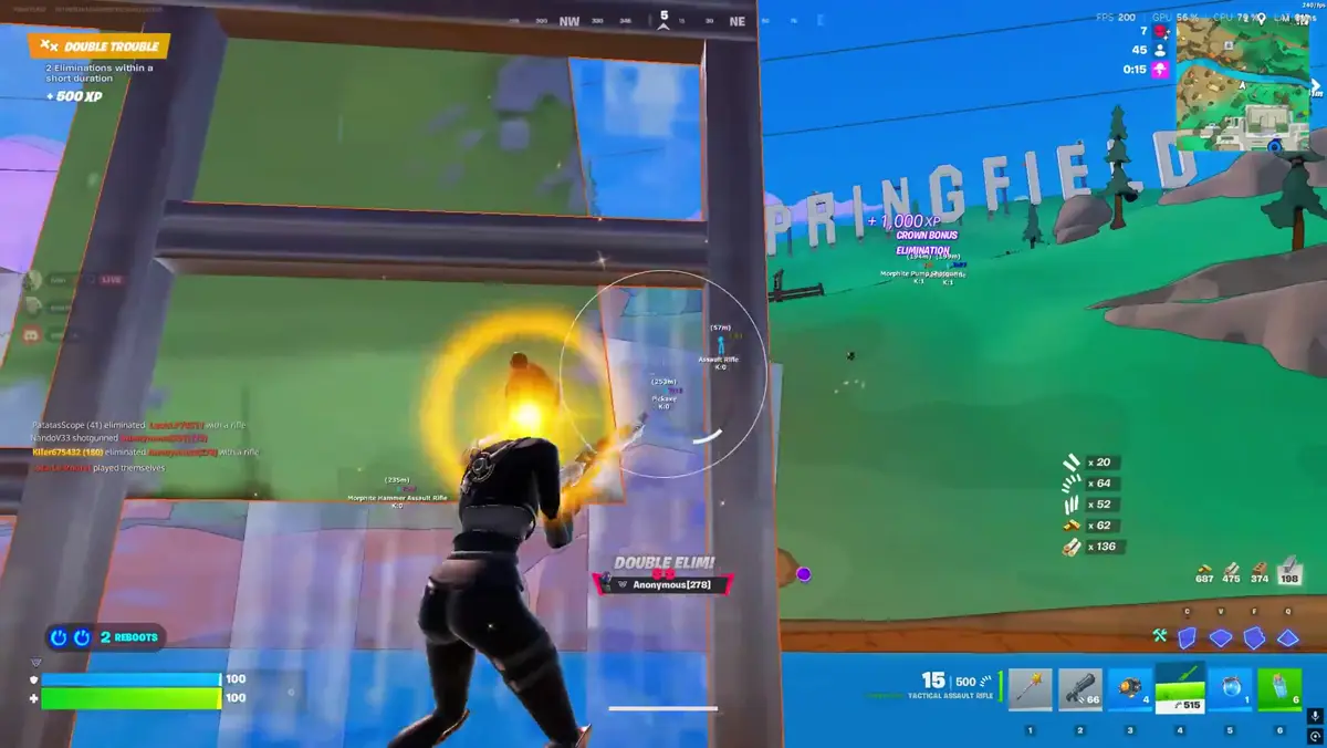 Live Fortnite mid-game screenshot from FN cheats gameplay footage